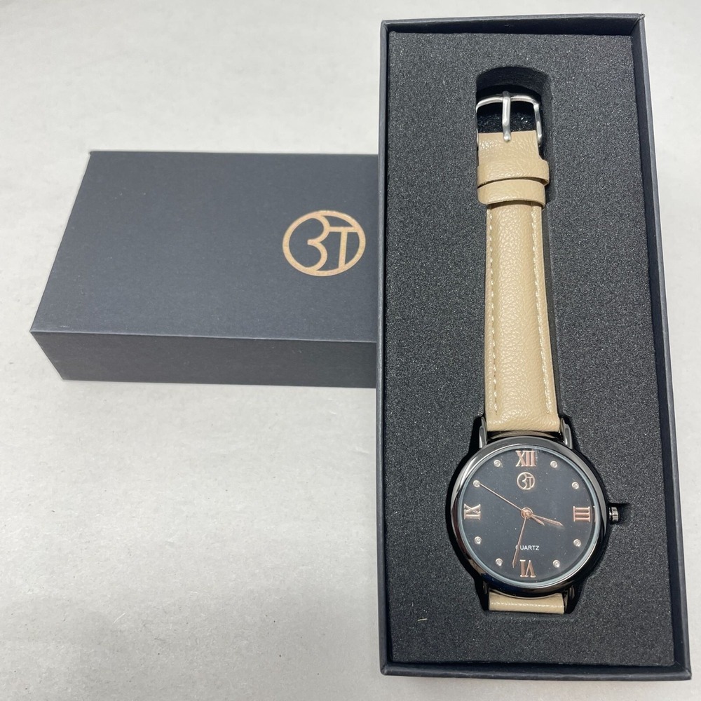3T Watch Tan Band Quartz Movement Stainless Steel Back‎ Gift Box Black Dial